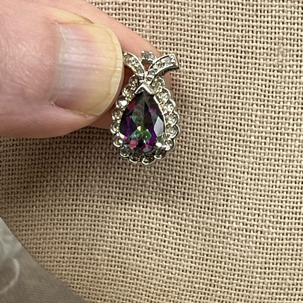 Vintage 10k White Gold Mystic Topaz & Diamond Pendant - 2.5g - Picture 5 of 15